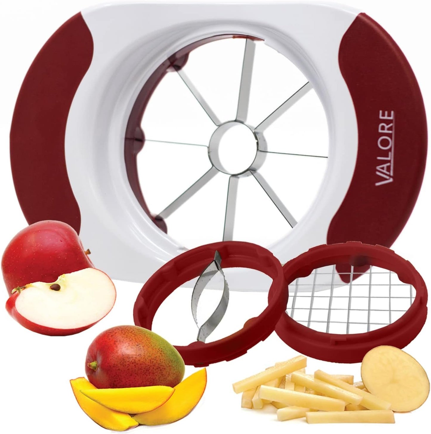 Valore Soft Grip Food Slicer with 3 Blades - Apple Slicer, French Fry Cutter, Mango Slicer - Great Meal Prep Kitchen Accessory - Easy to Use 3 in 1 French Fry, Mango and Apple Cutter with