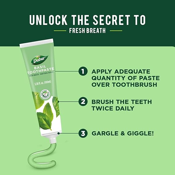 Dabur Herbal Toothpaste - Oral Care with All Natural, Fluoride-Free Formula & Healthy Toothpaste Bliss- Infused Brilliance for a Naturally Fresh Breath- Basil 100ml (Pack of 3)