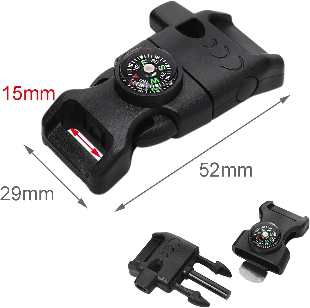 5pcs Pack Black 5/8" Compass Flint Scraper Fire Starter Whistle Buckle Plastic Paracord Bracelet Outdoor Camping Emergency Survival Travel Kits #FLC158-FWC(Black)