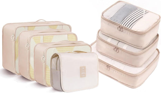 Packing Cubes, 7 Set Travel Packing Bags, Suitcase Organisers for Clothes, Travel Cubes Storage Bag Luggage Accessories (Beige, Packing Cubes + Toiletry Bag)