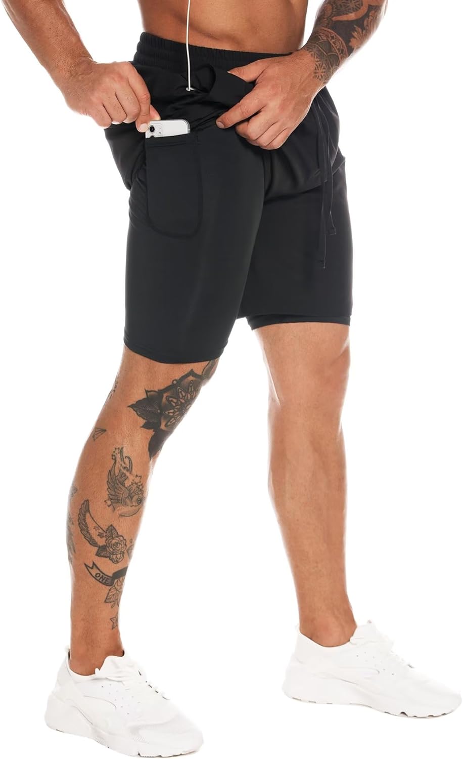 MOVEUP 2 in 1 Gym Running Shorts 7" Quick Dry Spandex Shell Fabric Compression Lining Sport Shorts Basketball Shorts Active Fitness Shorts Workout Training Shorts with Zipper Pocket for Men