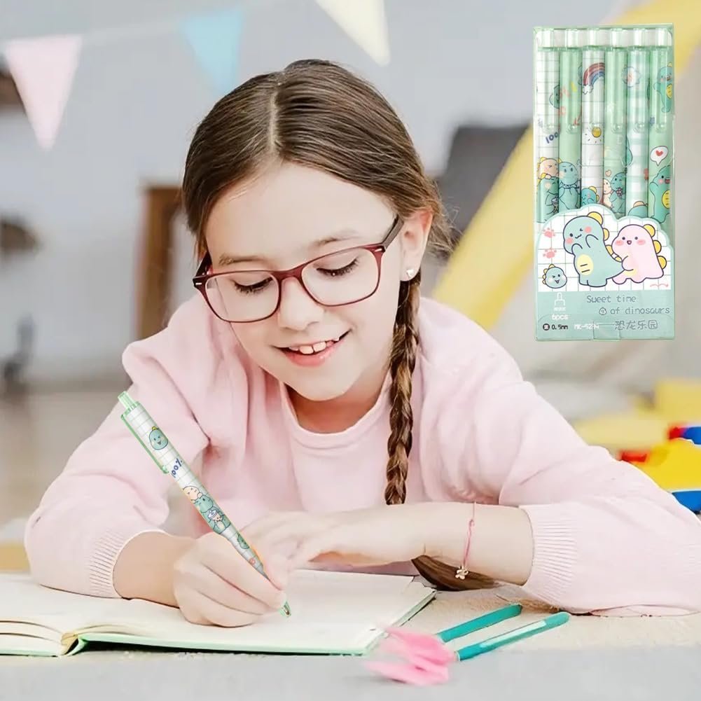 6 Pcs Adorable Dinosaur Gel Ink Rollerball Pens - 0.5mm Cute Stationery for Kids
