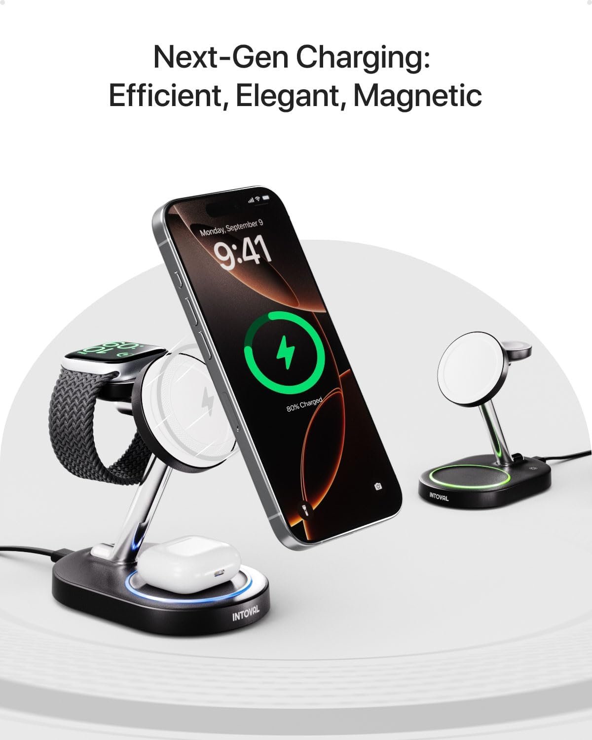 Intoval Fast Charging Station for Apple Devices, 3 in 1 Magnetic Charger Stand for iPhone 16/15/14/13/12, Wireless Charging Station for Apple Watch 10~1/Ultra 2/1 and AirPods (Black)