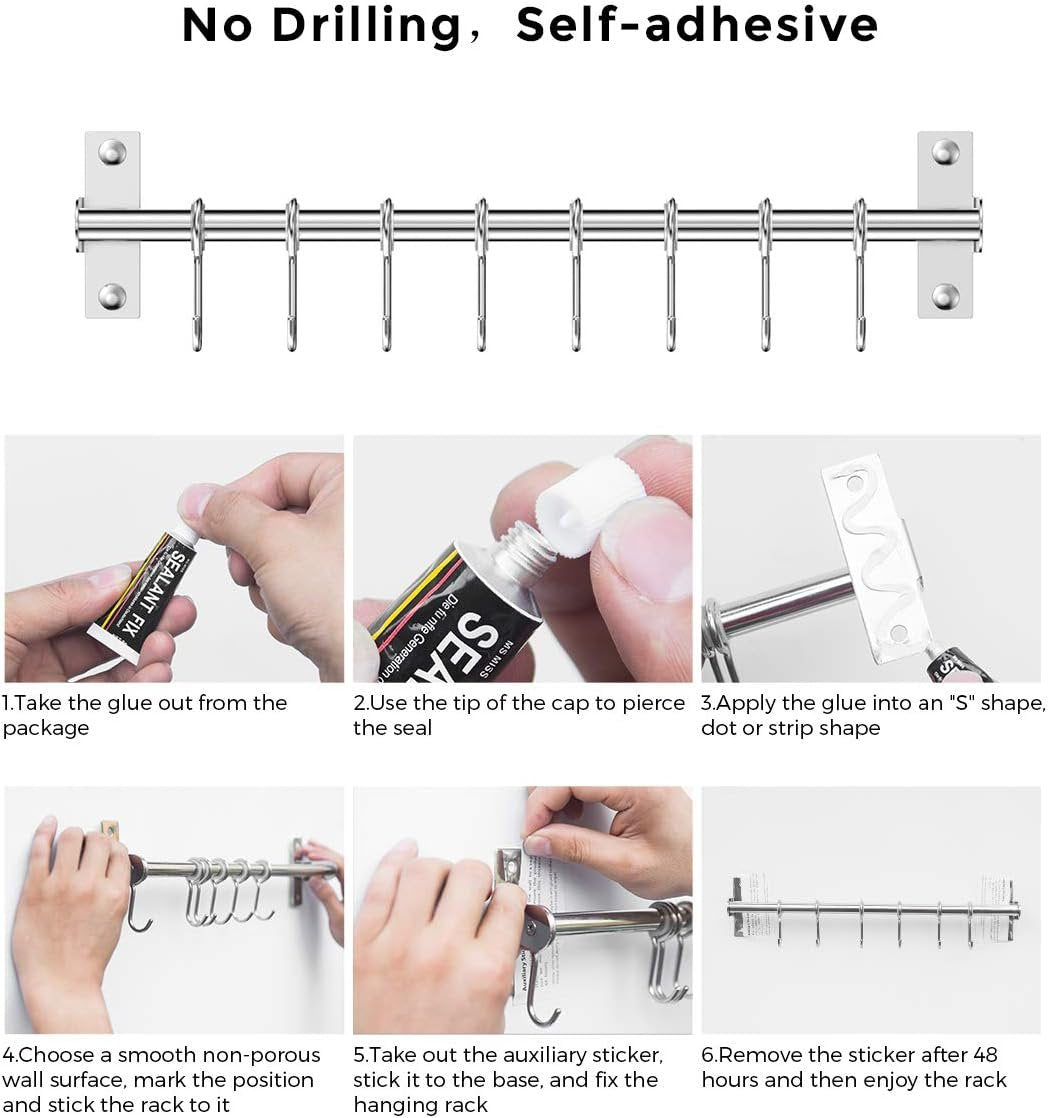 Lesfit Stainless Steel Kitchen Utensil Holder with 8 Hooks, Kitchen Utensil Bar Kitchen Knife Holder No Holes Needed for Bathroom Gadgets, Pans, Cups (Silver)