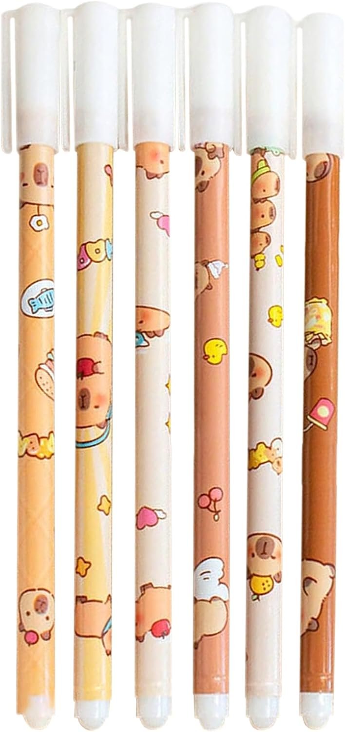 Erasable Pens,Set Of 6 Capybara Pattern Colorful Gel Pens | With Eraser, Fade-Resistant, Comfort-Grip Stationery Set For Art Sketching School Assignments