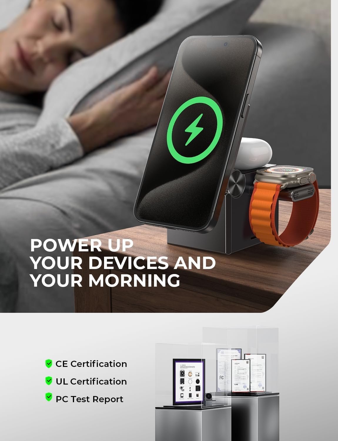 LISEN Magsafe Wireless Charger 3 in 1 Wireless Protable Charger Foldable Travel iPhone Charging Station Apple Watch Charger Stand Wireless Phone Charger for iPhone 16 Airpods iWatch (with 20W Adapter)