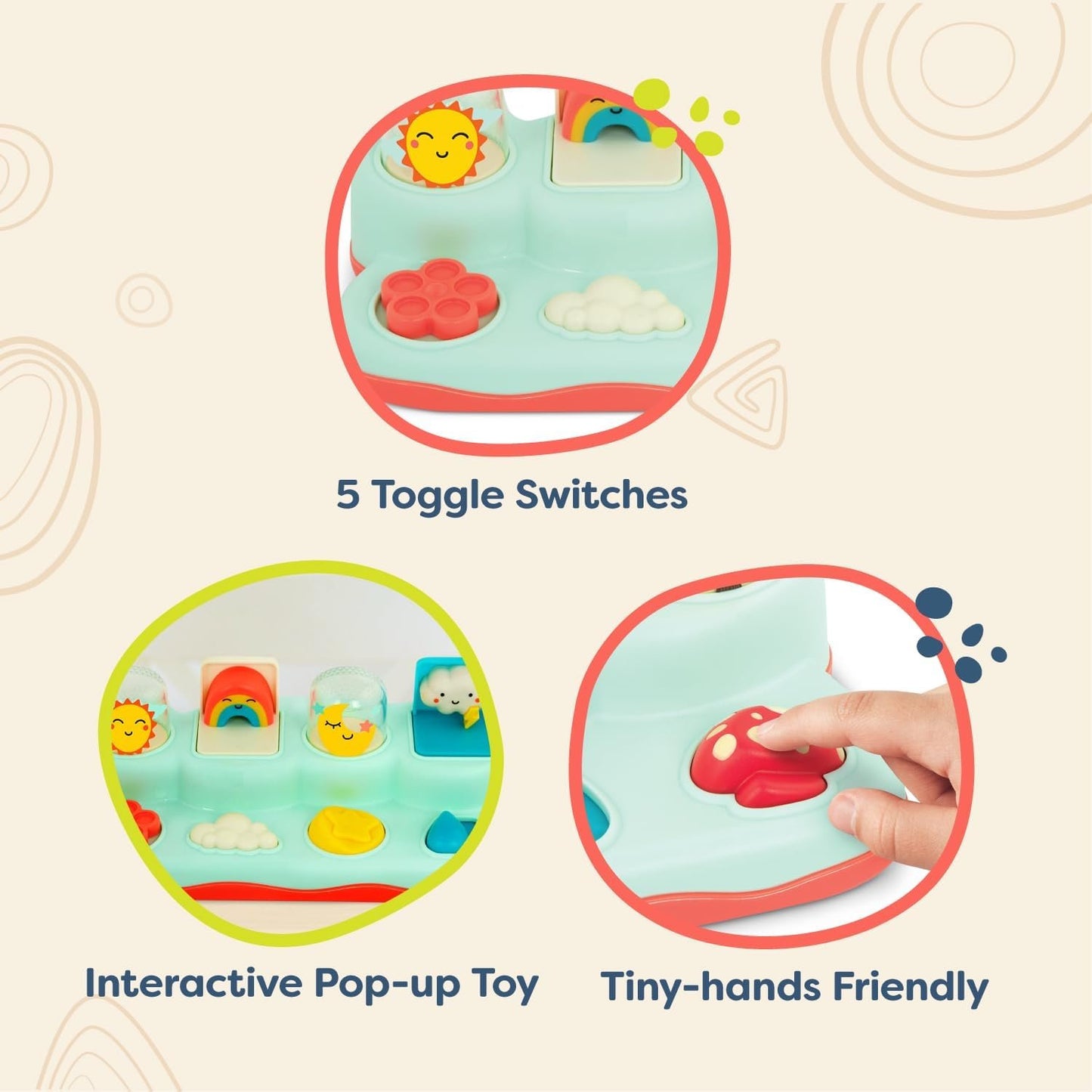 B. toys- Pop-Up Buddies- Cause and Effect Play – Learning Toys for Babies – Interactive Toy with Sun, Rainbow, Star – 18 Months +