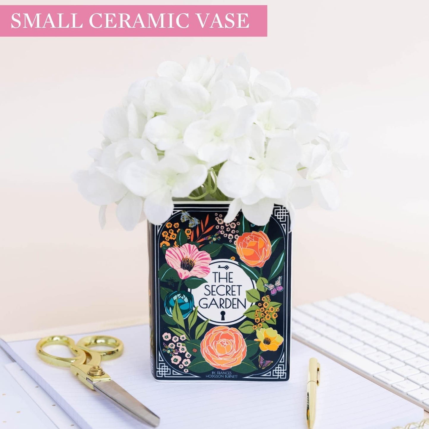 Book-Shaped Decorative Vase, Ceramic Vases for Home Decor, Cute Bookshelf Decor, Unique Vase for Book Lovers (Small - Secret Garden)