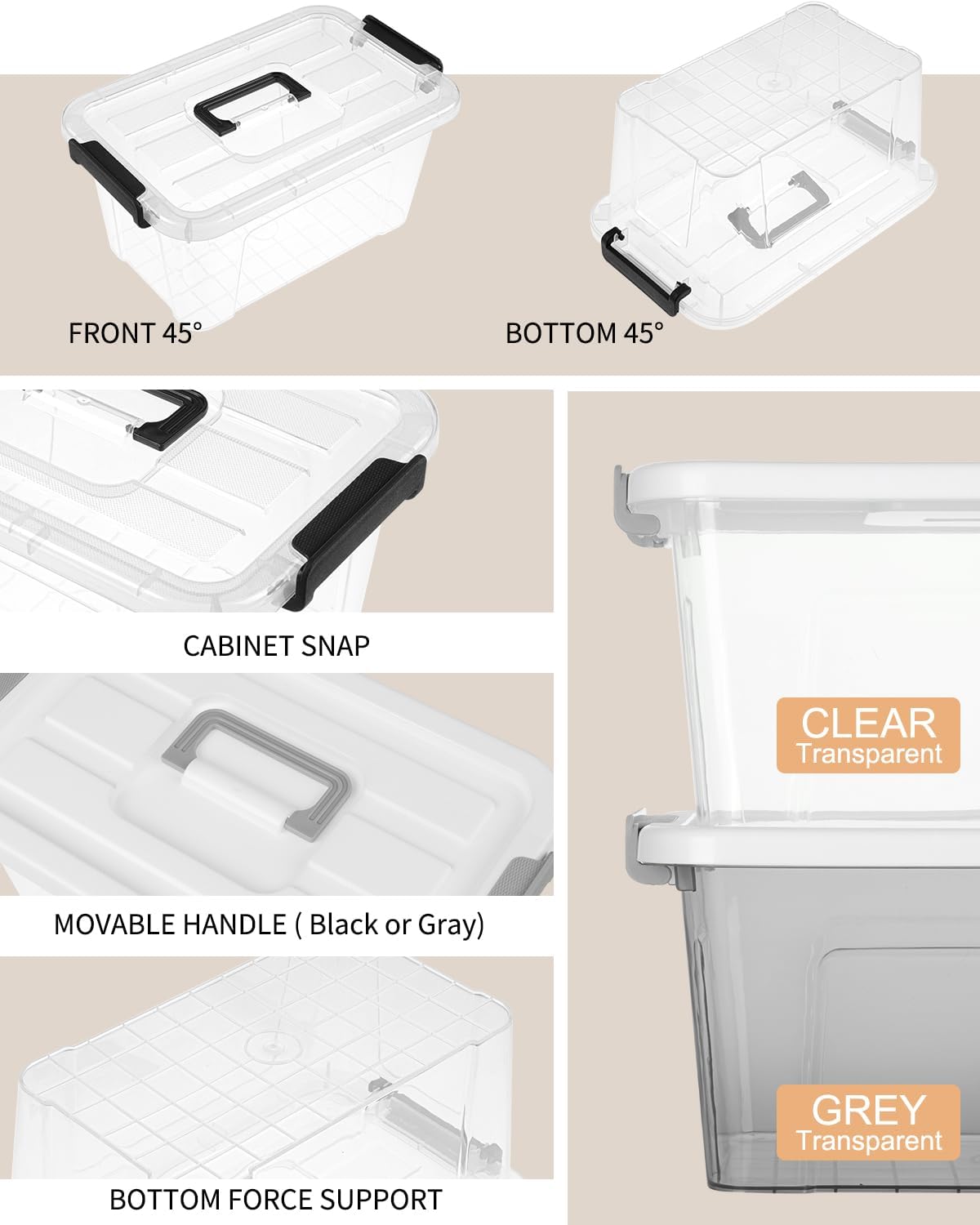 AREYZIN Plastic Storage Bins With Lids,6 Pack Storage Organizer Bins,7 Quart Stackable Storage container with Lid and Gray Handle Buckle Easy for Home Office Organization, with White Lids