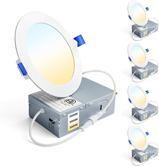 Ensenior 4Inch LED Recessed Slim Pot Light with Junction Box, 3000K/4000K/5000K Changeable, 9W 75W Eqv, Dimmable IC-Rated Ceiling Lighting, 750LM High Brightness (4 Pack)