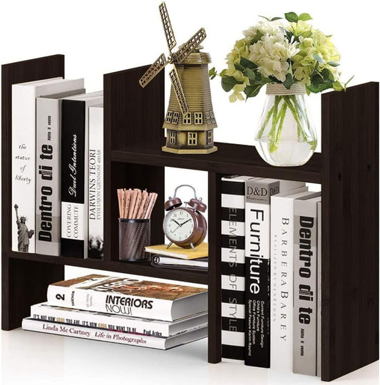 Office Desktop Bookshelf Adjustable Large Wood Display Shelf Desktop Organizer Office Storage Rack Countertop Bookcase Office Supplies Desk Organizer Accessories (Black)