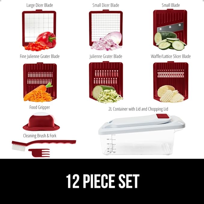 GORILLA GRIP Heavy Duty 12-in-1 Vegetable Chopper, 6 Blades, Food Choppers with Container, Cucumber Mandoline Slicer, Dice Onions, Slice Veggies, Chop Salad, Home Essential Kitchen Gadgets Tool, Red