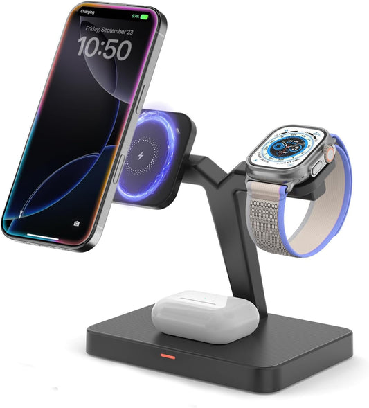 GEEKERA Magnetic 3 in 1 Wireless Charging Station, Fast Wireless Charger Stand Dock, Wireless Charger for iPhone 16/15/14/13/12 Pro Max, Apple Watch 9/8/7/6/SE/5/4/3/2, AirPods 3/2/Pro