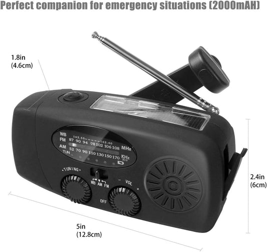 2021 Upgraded Emergency Solar Hand Crank Radio with LED Flashlight, Portable Am Fm NOAA Weather Radio, 2000mAh Solar Power Bank Cell Phone Charger for Home and Outdoor (Black)