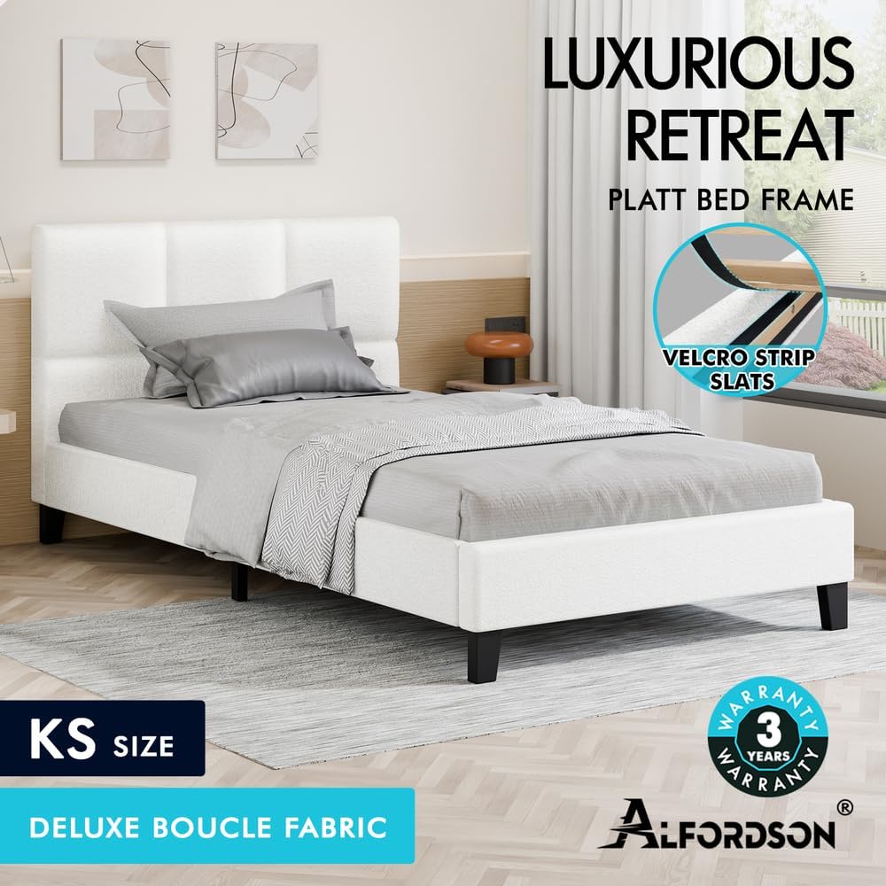 ALFORDSON Bed Frame Base King Single Size, Bed Platform Foundation with Boucle Upholstered Tufted Headboard for Mattress Topper, Platt Boucle White
