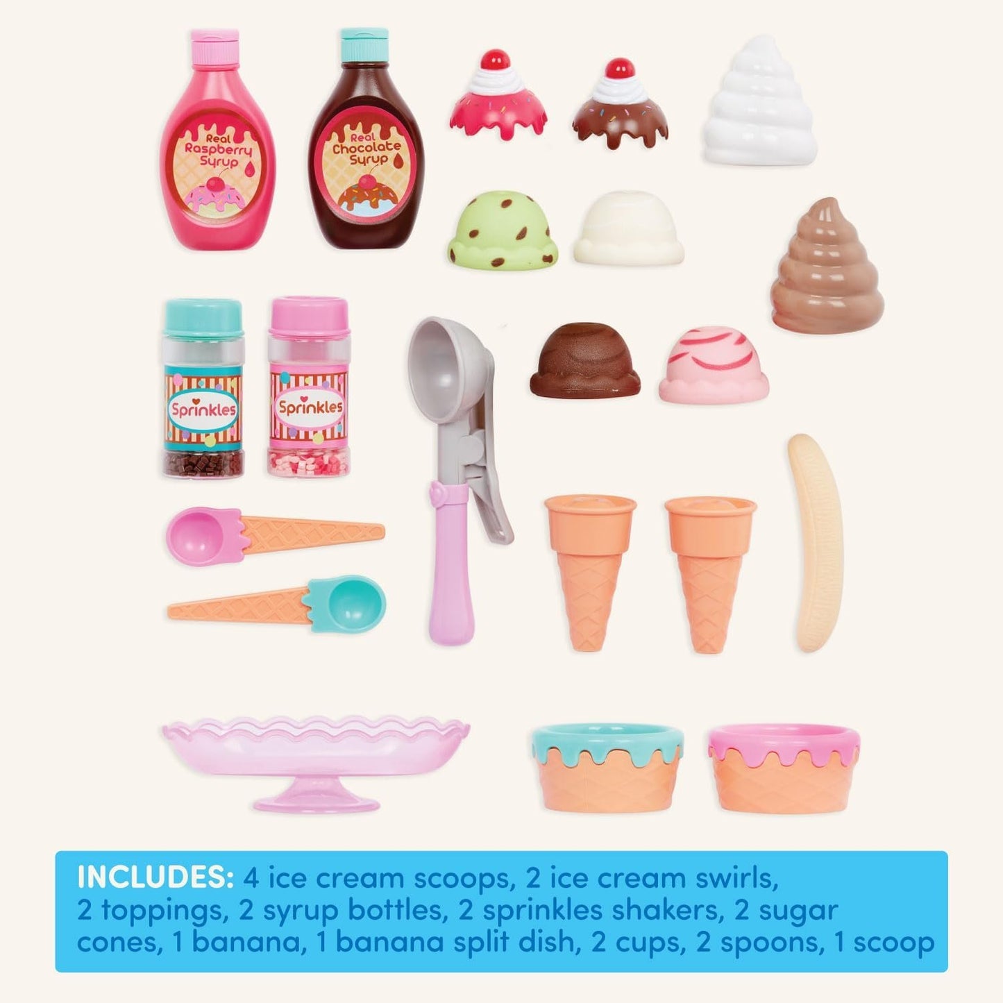 Play Circle by Battat – Sweet Treats Ice Cream Parlour Playset – Sprinkles, Cones, Spoons, Cups - Pretend Play Food Decorating Kit – Toy Frozen Dessert and Accessories for Kids 3 and Up (21 Pieces)