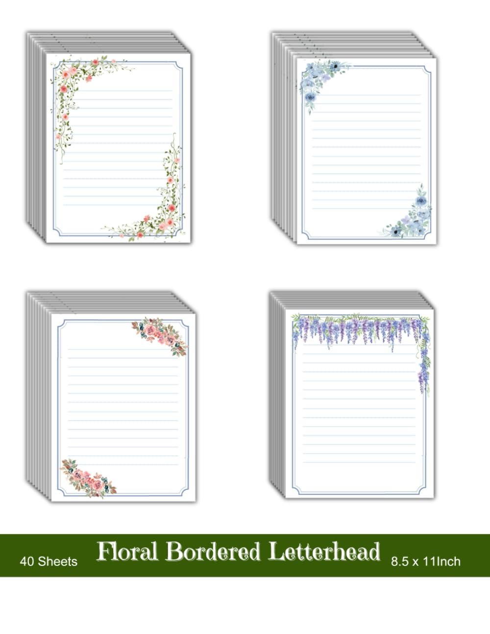40 Sheets Floral Bordered Letterhead: Stationery Letterhead Stylish Paper, Personalised Invitations, Watercolor Floral Unique Notes: Running Daily Supplies, 4 Designs, 8.5 x 11 Inch