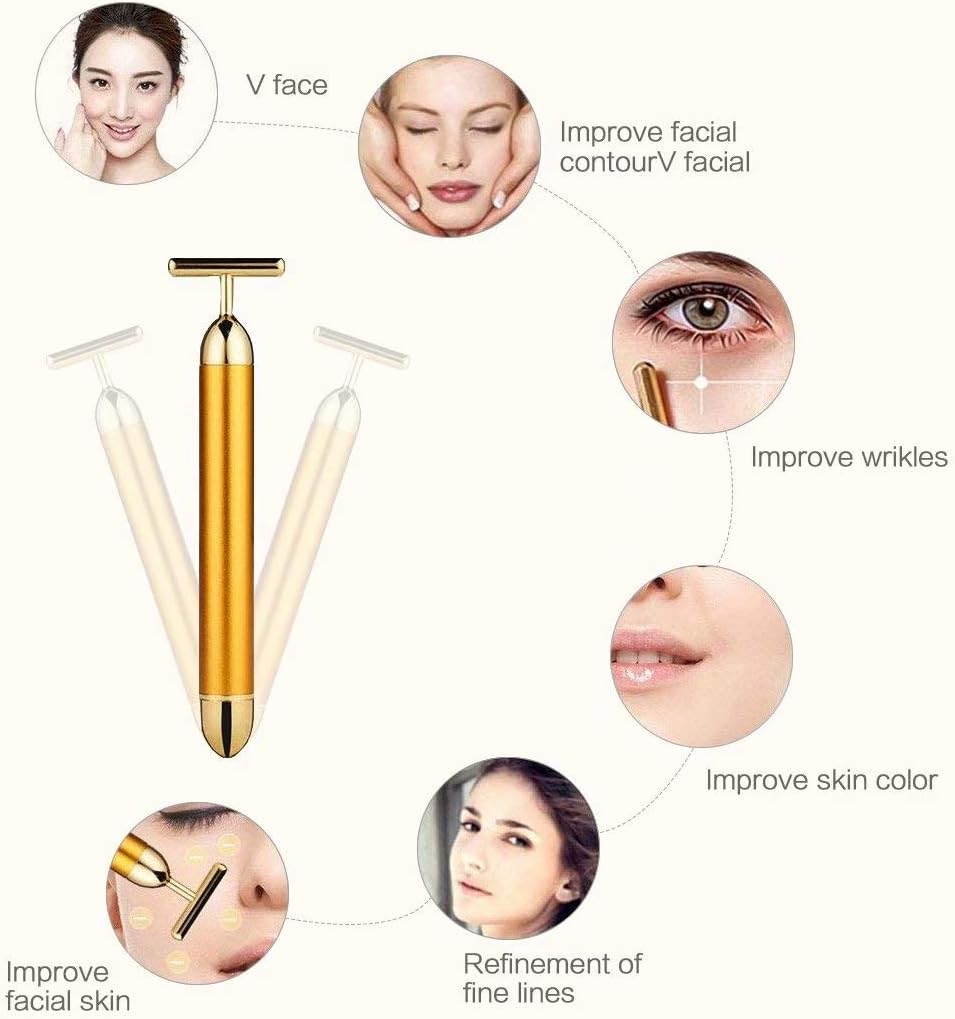 (Gold) - GOODYBUY Beauty Bar 24k Gold Skin Care Face Massager Roller, 2 in 1 Electric 3D Roller and T Shape Energy Beauty Bar for Face Lift and Skin Tightening