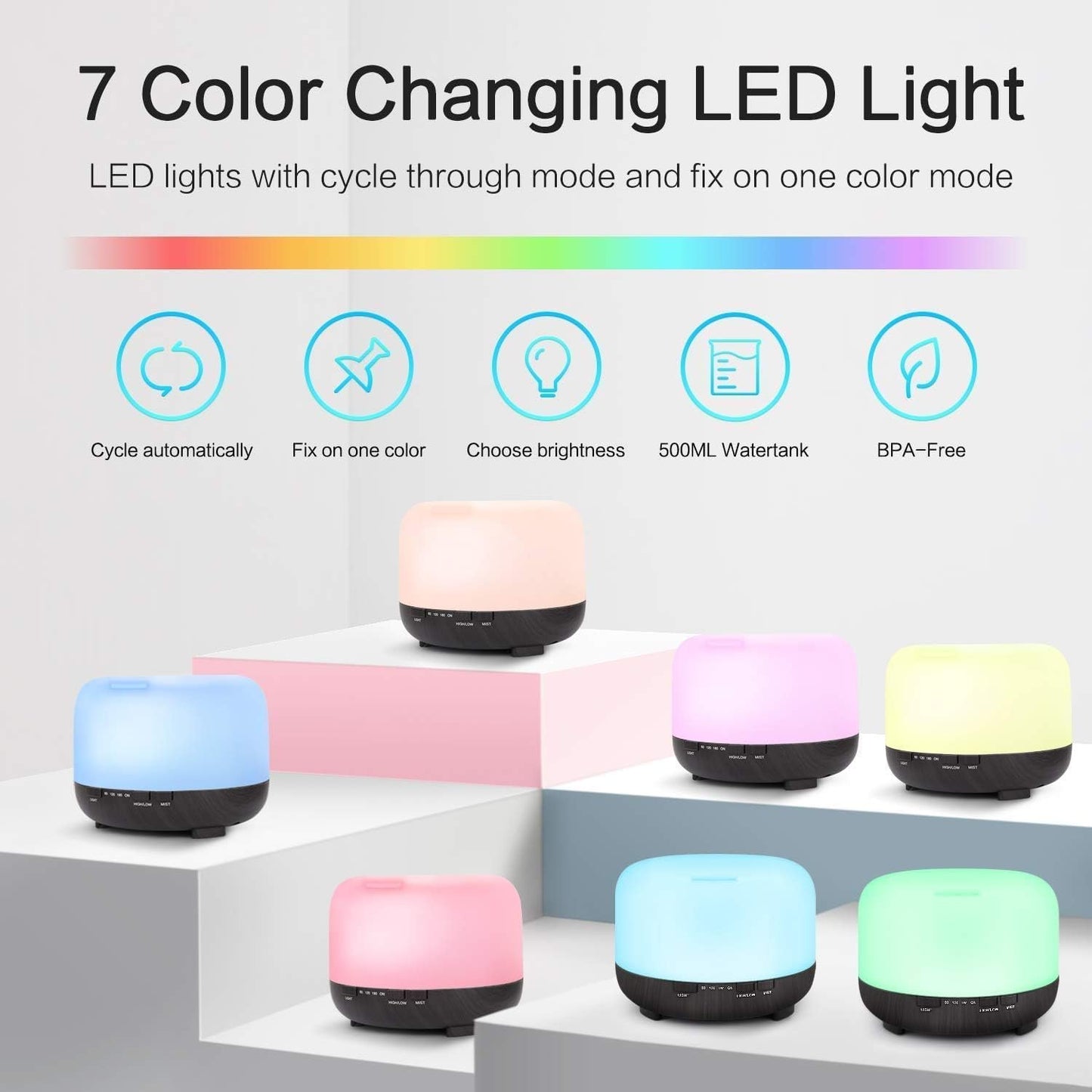 Diffusers for Essential Oils - Essential Oil Diffusers with Remote Control, 500ml Waterless Auto-Off 4 Timers 7Color Light Cool Mist Air Humidifier for Home Bedroom Office Plants Aromatherapy