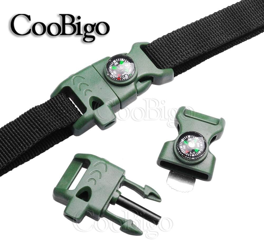 5pcs Pack Black 5/8" Compass Flint Scraper Fire Starter Whistle Buckle Plastic Paracord Bracelet Outdoor Camping Emergency Survival Travel Kits #FLC158-FWC(Black)