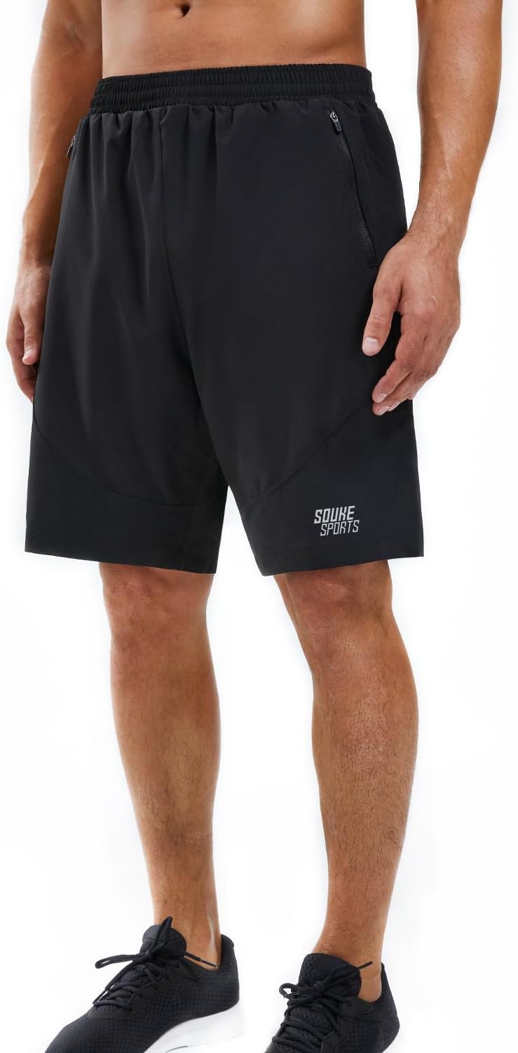 Souke Sports Men's Workout Running Shorts Quick Dry Athletic Performance Shorts Black Liner Zip Pockets