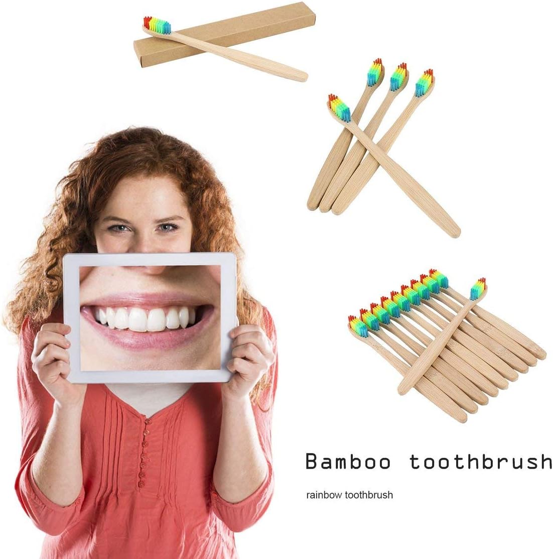 Colorful Hair + Bamboo Handle Toothbrush Environment Wooden Rainbow Bamboo Toothbrush Oral Care Soft Bristle Unisex - Wood Color+Colorful