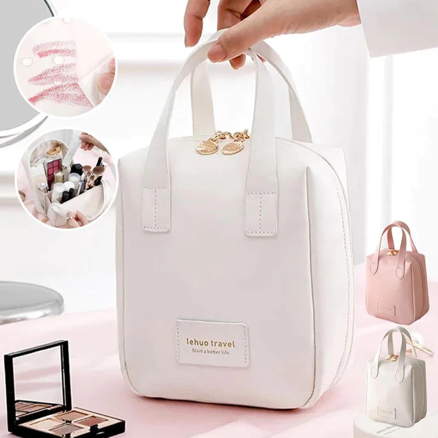 Travel Toiletry Bag | Large PU Leather Organizer | Toiletry Bag for Women - Toiletry Bag with 2 Compartments and 6 Pockets - Water-Resistant Portable Hygiene Bag for Makeup - Travel Companion, Pink