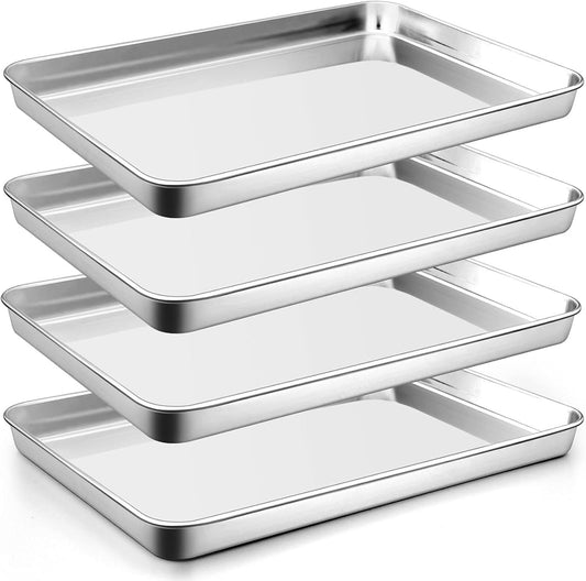 16 Inch Stainless Steel Baking Sheets Set of 4, P&P CHEF Baking Pan Tray for Oven, Large Size & Rectangle, Mirror Finished & Dishwasher Safe, Non-Toxic & Durable Use, Silver