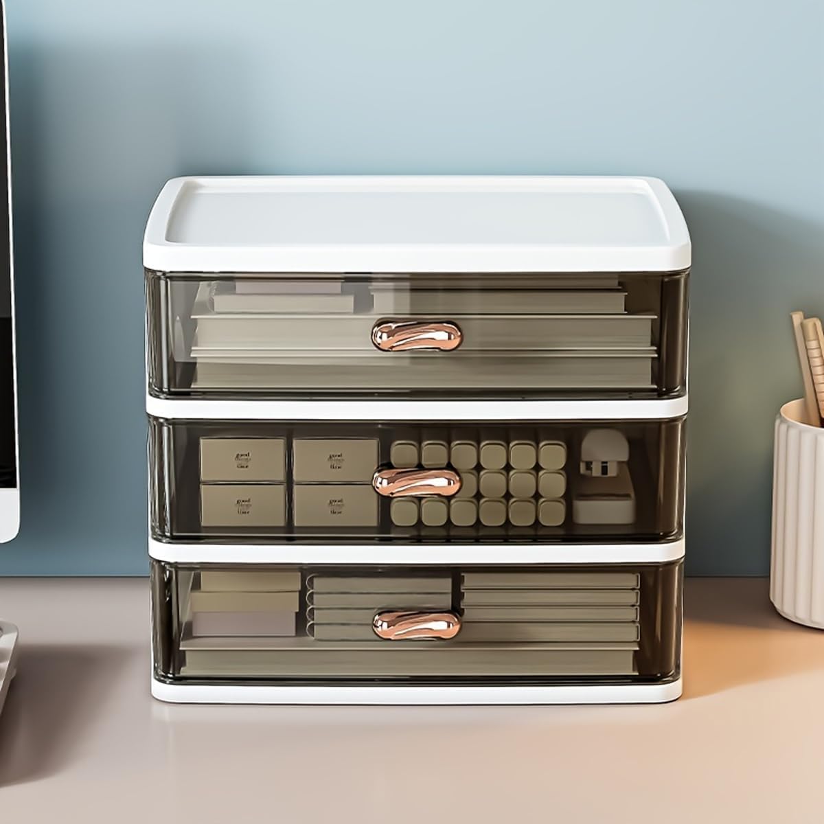 AIMALL Multi-Tier Storage Drawer Organizer – Transparent Desktop Cosmetic Holder with Smooth Pull Design, Large Capacity for Office, Makeup & Accessories