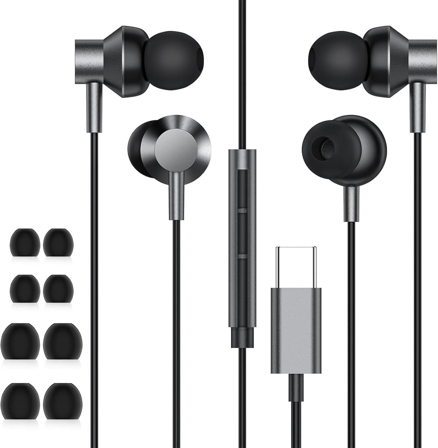 USB C Headphones Earbuds, 2Pack Wired Earphones Noise Canceling Isolating with Type C Plug (Built-in Microphone & Volume Control) for Galaxy iPhone 16 15 Android Smartphone and Other USB C Device