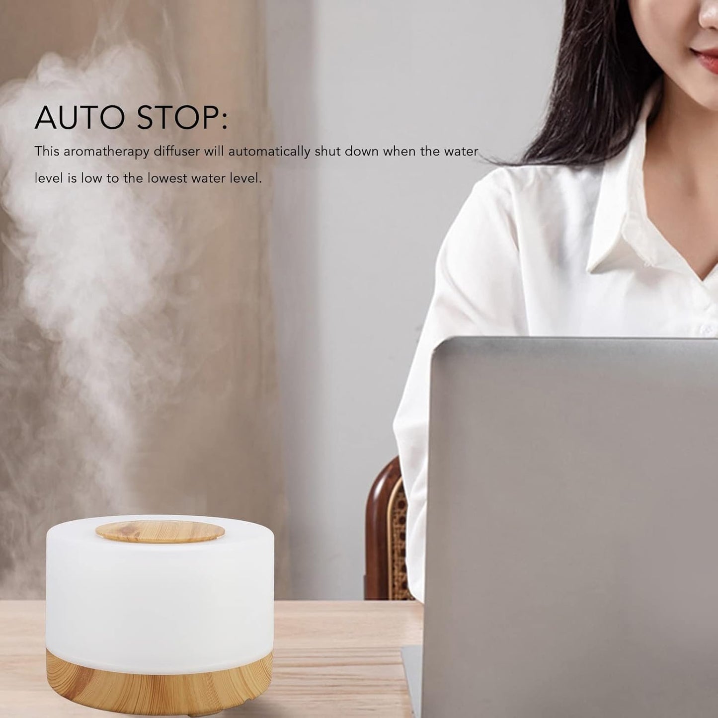 Portable Desk Humidifier, 500ml Wood Grain Air Humdifier, Low Noise Aromatherapy Diffuser with 7 Color LED Light and Remote Control, Auto Shut Down Aroma Diffuser(US Plug 110-240V)