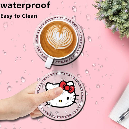 2PCS Bling Car Cup Coaster,Silicone Non-Slip Pads for Cup Holder Car Coasters,Cute Pink Bling Car Interior Accessories for Women and Girls