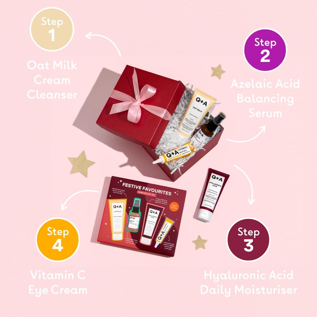 Q+A Festive Favourites Skincare Gift Set with Hyaluronic Acid Moisturising Cream, Cleanser Cream, Azelaic Acid Serum and Eye Contour Serum