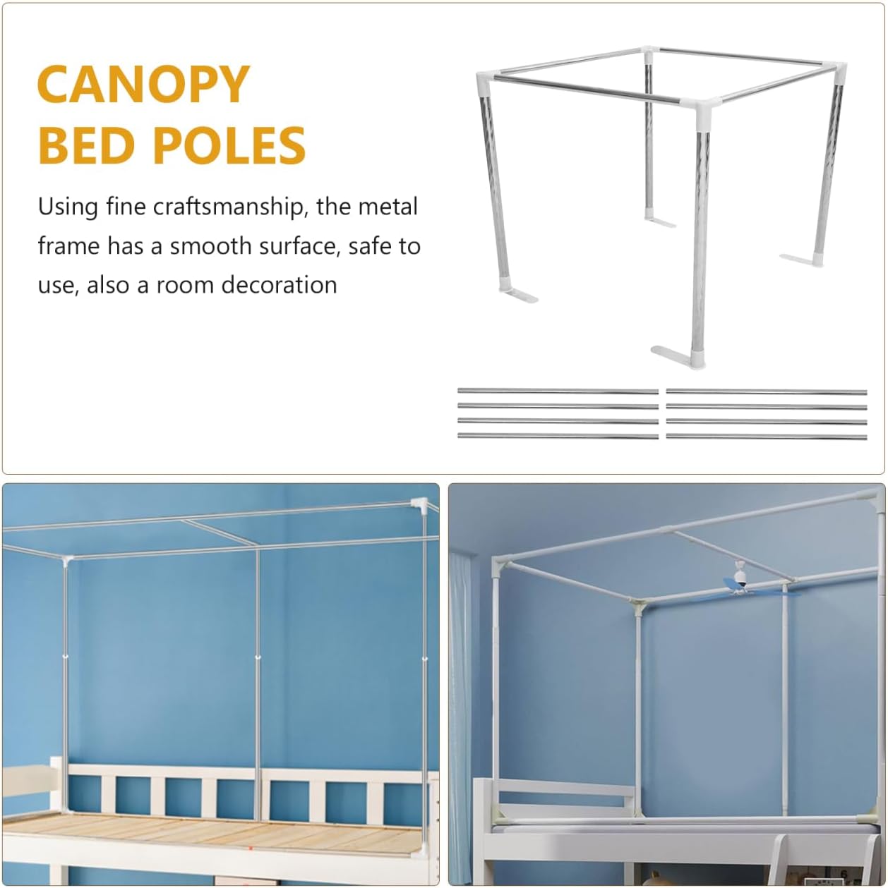 Amosfun Canopy Bed Frames Stainless Steel Four-Poster Canopy Bed Mattress Foundation Canopy Curtain Support Sturdy and Easy Assembly for 1.5m Bed