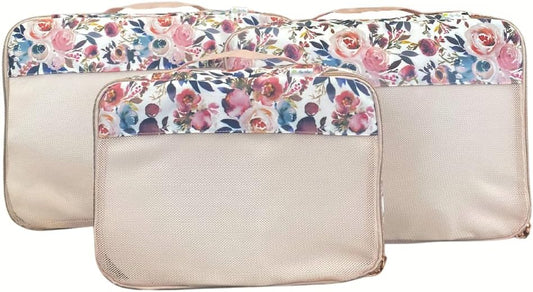Itzy Ritzy Packing Cubes – Set of 3 Large Packing Cubes or Travel Organizers; Each Cube Features a Mesh Top, Double Zippers and a Fabric Handle; Blush Floral - Large Set (LPC9100)