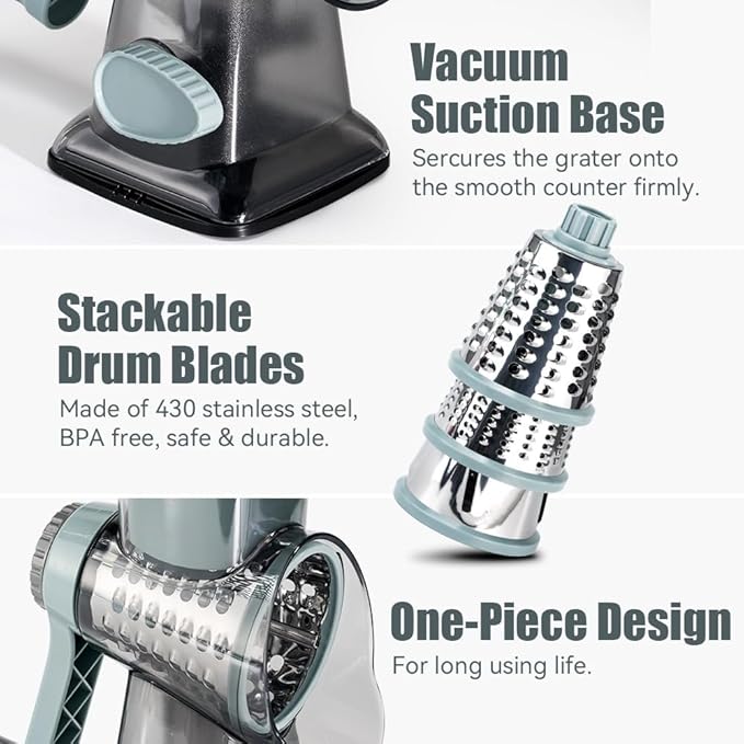 KEOUKE Rotary Cheese Grater Hand Crank Cheese Shredder Vegetable Mandoline Slicer for Kitchen 3 Changeable Blades for Cheese Potato Zucchini Nuts Chocolate - GreyBlue