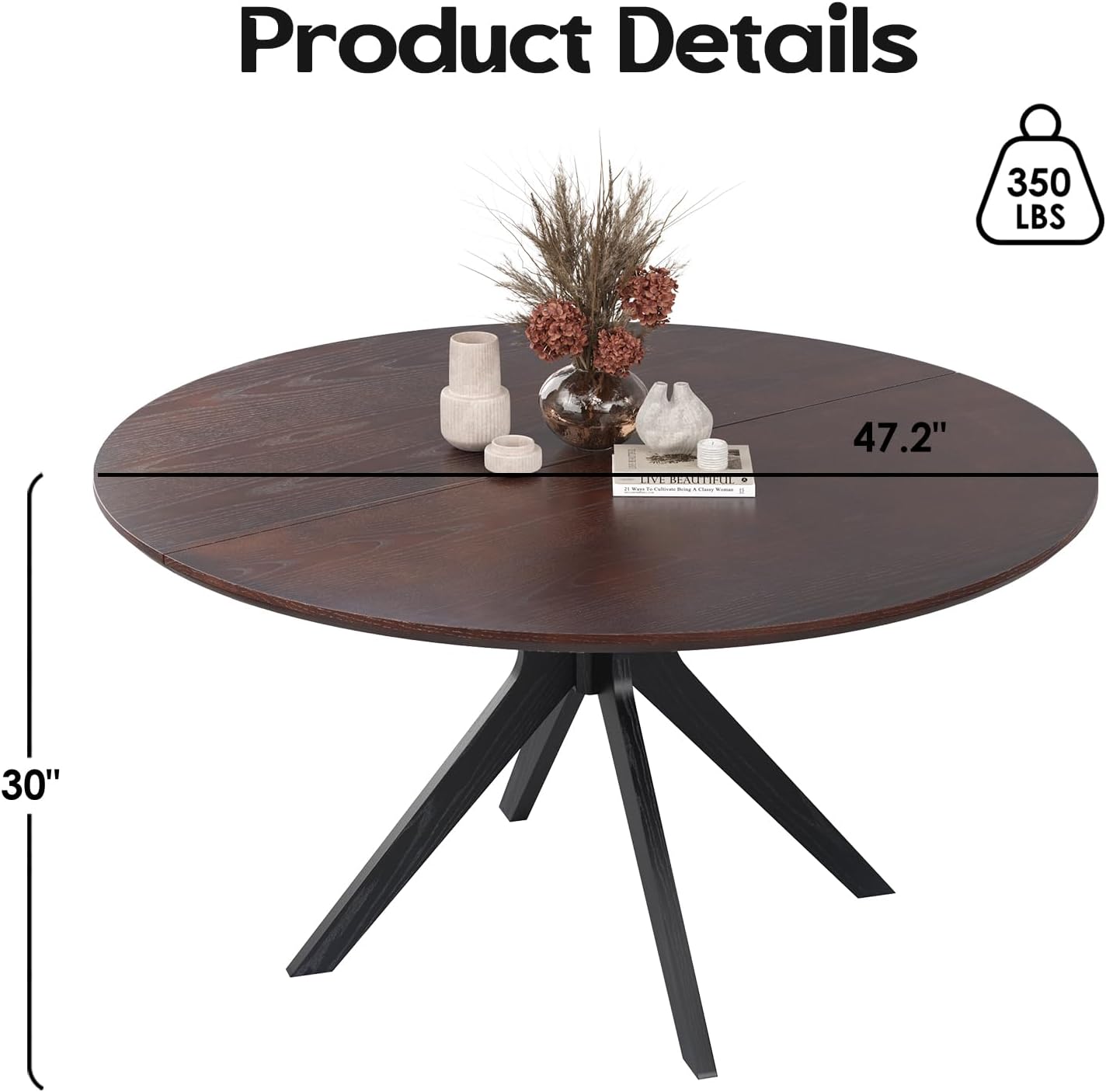 Soohow 47.2" Solid Wood Round Dining Kitchen Table for 4-6 People with Intersecting Pedestal Base