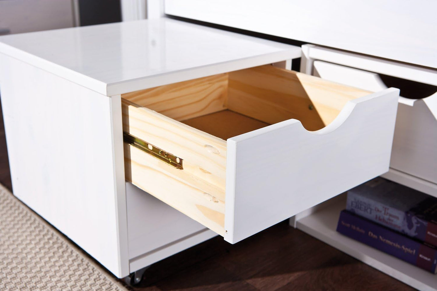Inter Link - Single bed - Multifunction - Functional bed with storage - With bedside table - 3 drawers - 2 niches - Solid wood - With base - White painted - Till 90 x 200 cm