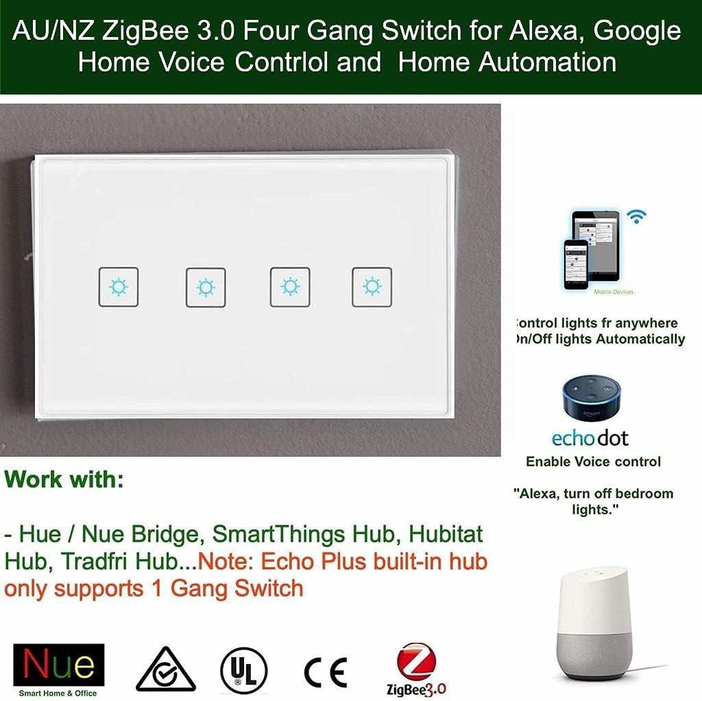 Nue ZigBee Smart 4 Gang Light Switch for ZigBee Home Automation Alexa Voice Control