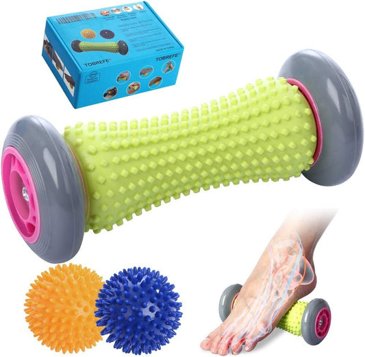 Foot Roller Massage Ball for Relief Plantar Fasciitis and Reflexology Massager for Deep Tissue Acupresssure Recovery for PLA Relax Foot Back Leg Hand Tight Muscle, 1 roller and 2 Spiky Balls