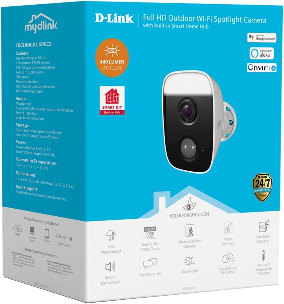 D-Link DCS-8630LH Outdoor Full HD Wi-Fi Camera w/Built-in Smart Home Hub & Spotlight, WiFi Security Camera, IR Night Vision, WPA3â„¢ Encryption,SD&Cloud, Supports Google/Alexa to Keep Homes Secure