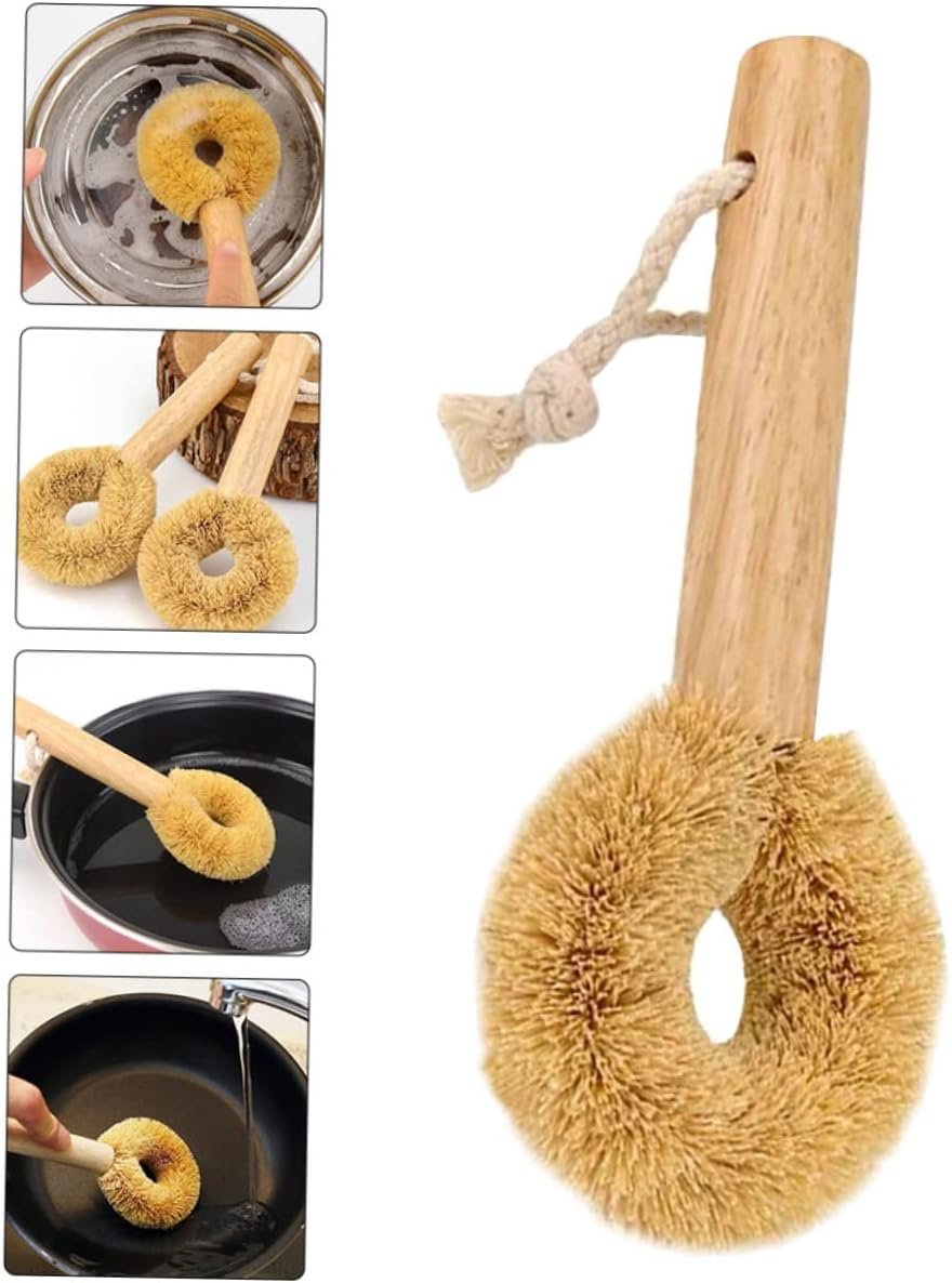 MAGICLULU Kitchen Cleaning Brush Coconut Brown Pot Brush Soft Bristles Bowl Cleaning Tool Wooden Handle