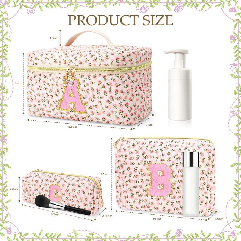 3 PCS Travel Makeup Bag Set, A-Z Initials Cotton Make up Bag Floral Quilted Cosmetic Bag for Girls and Women, Personalized Cute Toiletry Bag Travel Accessories Brushes Bag Yellow - A