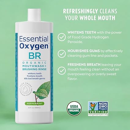 Essential Oxygen Certified BR Organic Brushing Rinse, All Natural Mouthwash for Whiter Teeth, Fresher Breath, and Happier Gums, Alcohol-Free Oral Care, Peppermint, 32 Ounce
