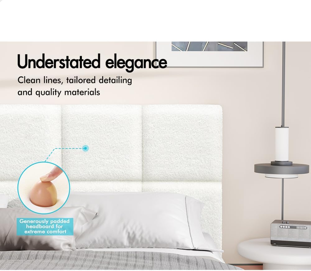 ALFORDSON Bed Frame Base King Single Size, Bed Platform Foundation with Boucle Upholstered Tufted Headboard for Mattress Topper, Platt Boucle White