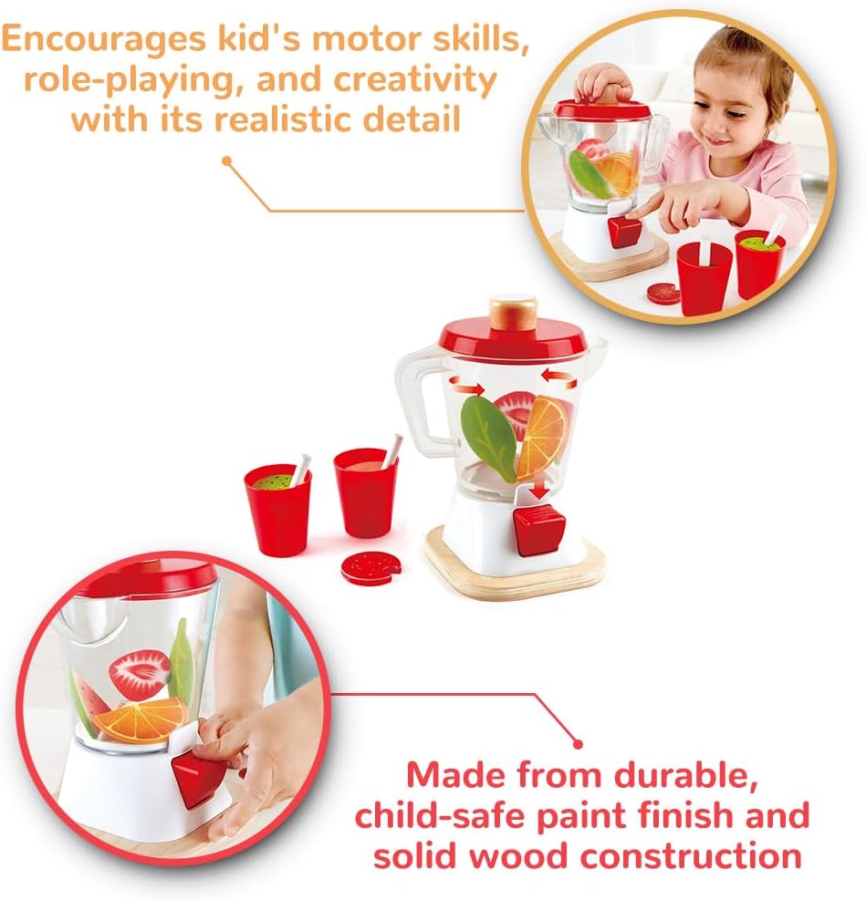Hape Smoothie Blender Playset – Wooden Pretend Play Kitchen Toy for Kids 3+ – Includes Blender, Cups, Fruits & Veggies – Realistic Spinning Action – Healthy Eating Learning Toy