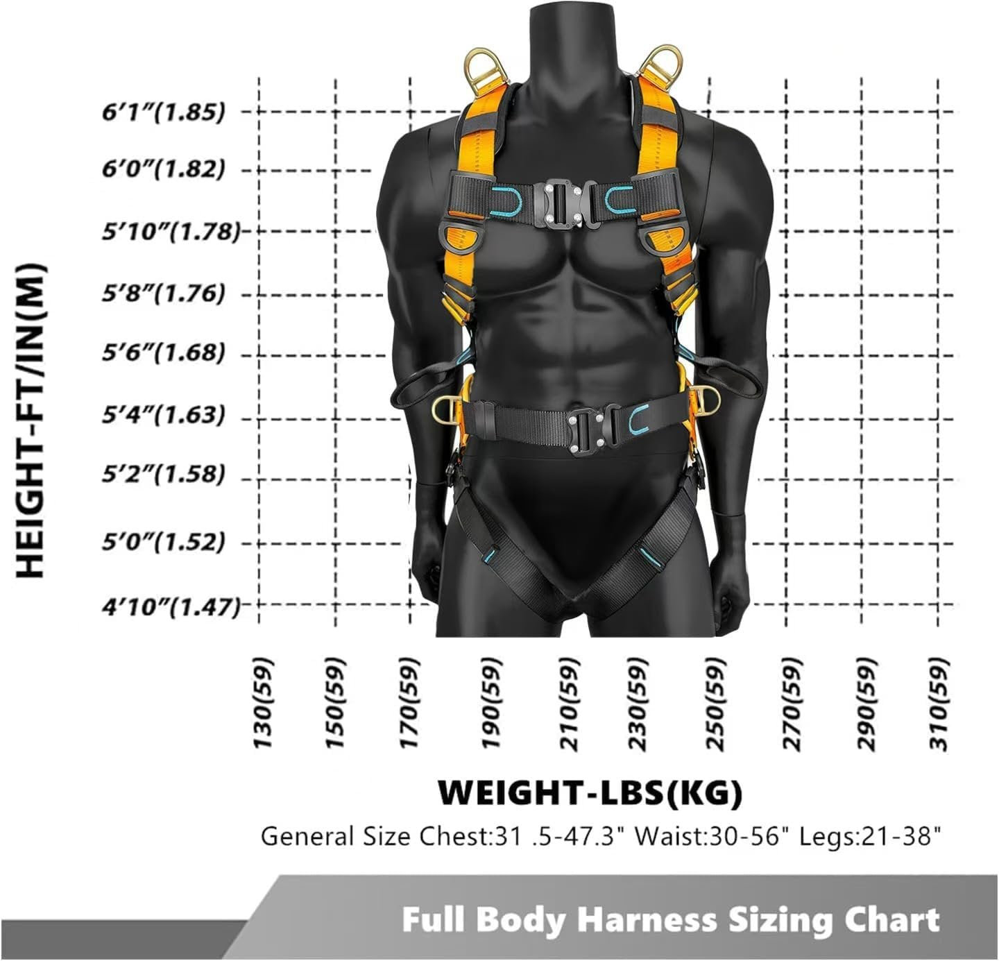 Fall Protection Full Body Safety Harness, 6” Thick Back Support Belt,5 Heavy Duty D-rings, Quick Release (OSHA/ANSI)