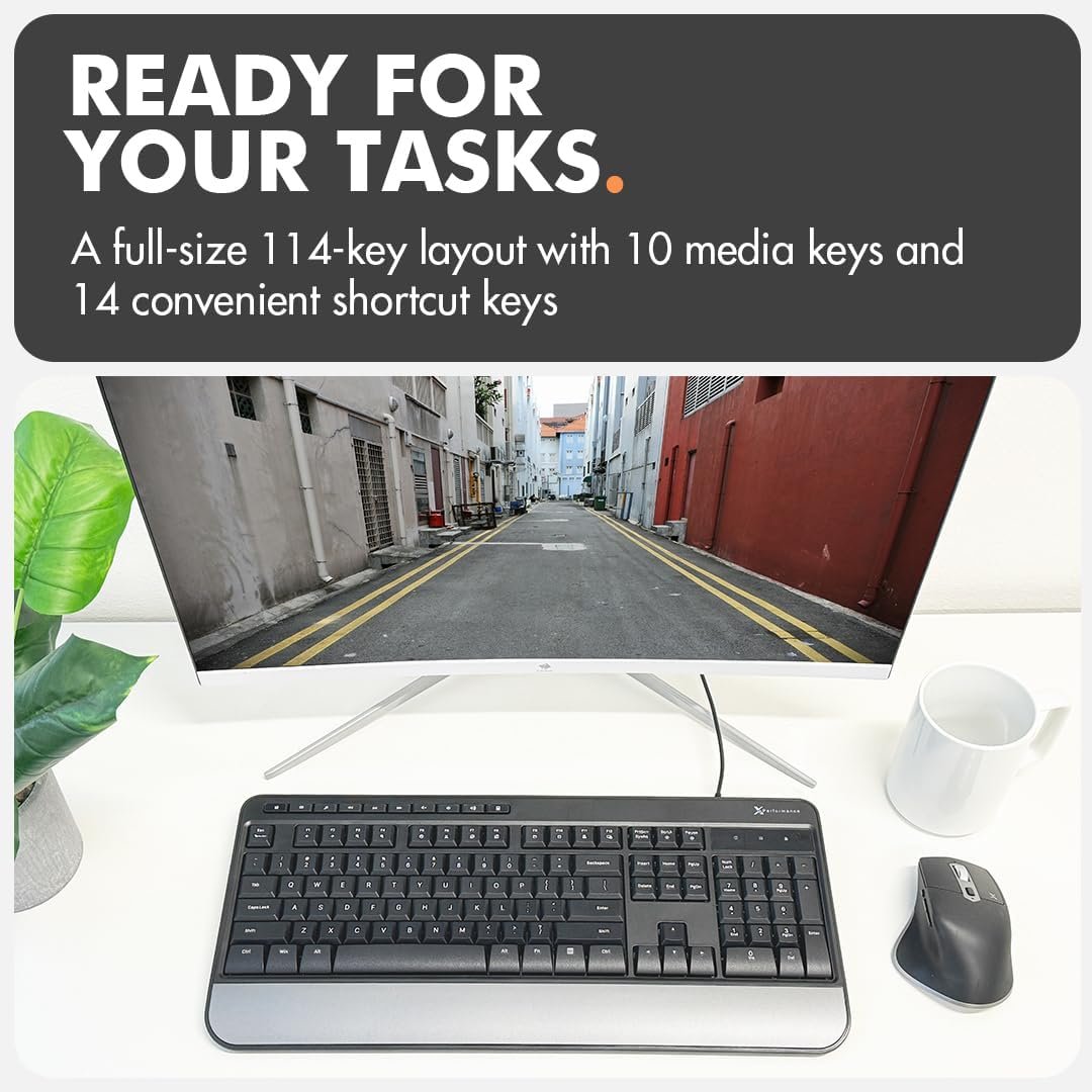 X9 Wired Keyboard - Comfortable Typing - Ergonomic Full Size USB Keyboard with Wrist Rest, Number Pad, Multimedia and 114 Keys - External Computer Keyboard for Laptop, Desktop and Office PC