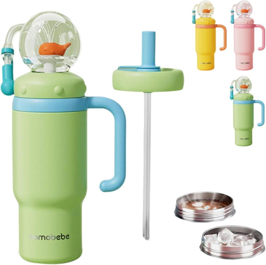 24oz Stainless Steel Water Bottle, Whale Fountain Tumbler with Handle, Two Lids, Spill-Proof Tumblers, 710ml Drinking Cup with Whale Squirt, Multiple Seals to Prevent Leaks (Green)