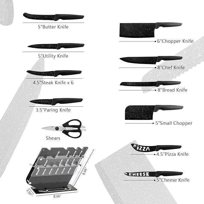 17 Pcs Kitchen Knife Set with Block High Carbon Stainless Steel Block Knife Set Sharp Blade Chef Bread Cleaver Knife,Pizza Cheese Steak Knives,Scissor Sets,Elegant Gift